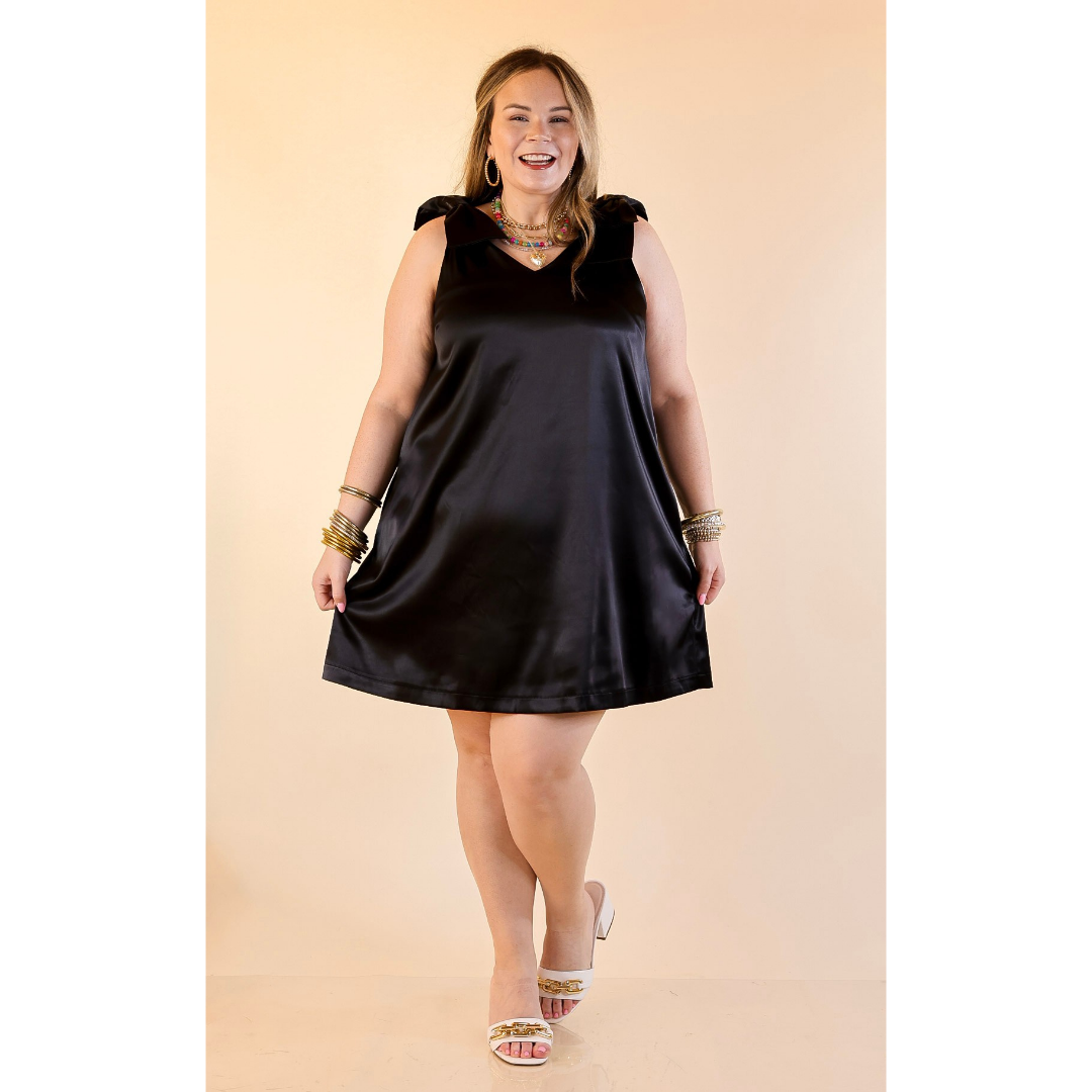 Satin Soirée V Neck Mini Dress with Bow Strap Detailing in Black