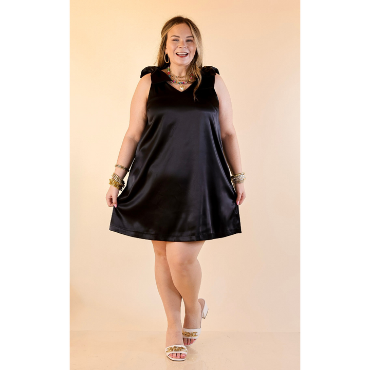 Satin Soirée V Neck Mini Dress with Bow Strap Detailing in Black