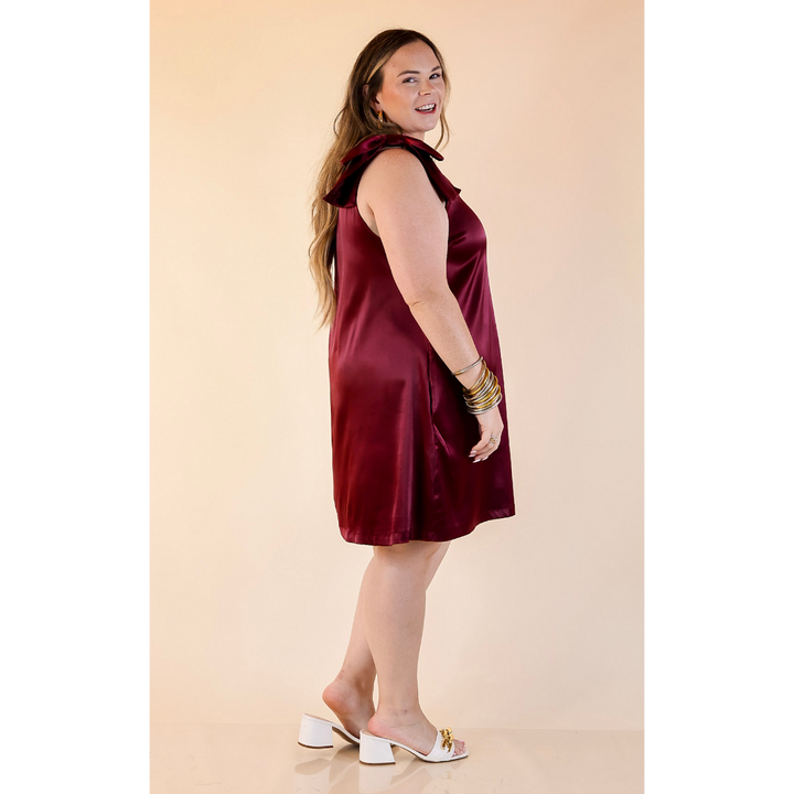 Satin Soirée V Neck Mini Dress with Bow Strap Detailing in Maroon