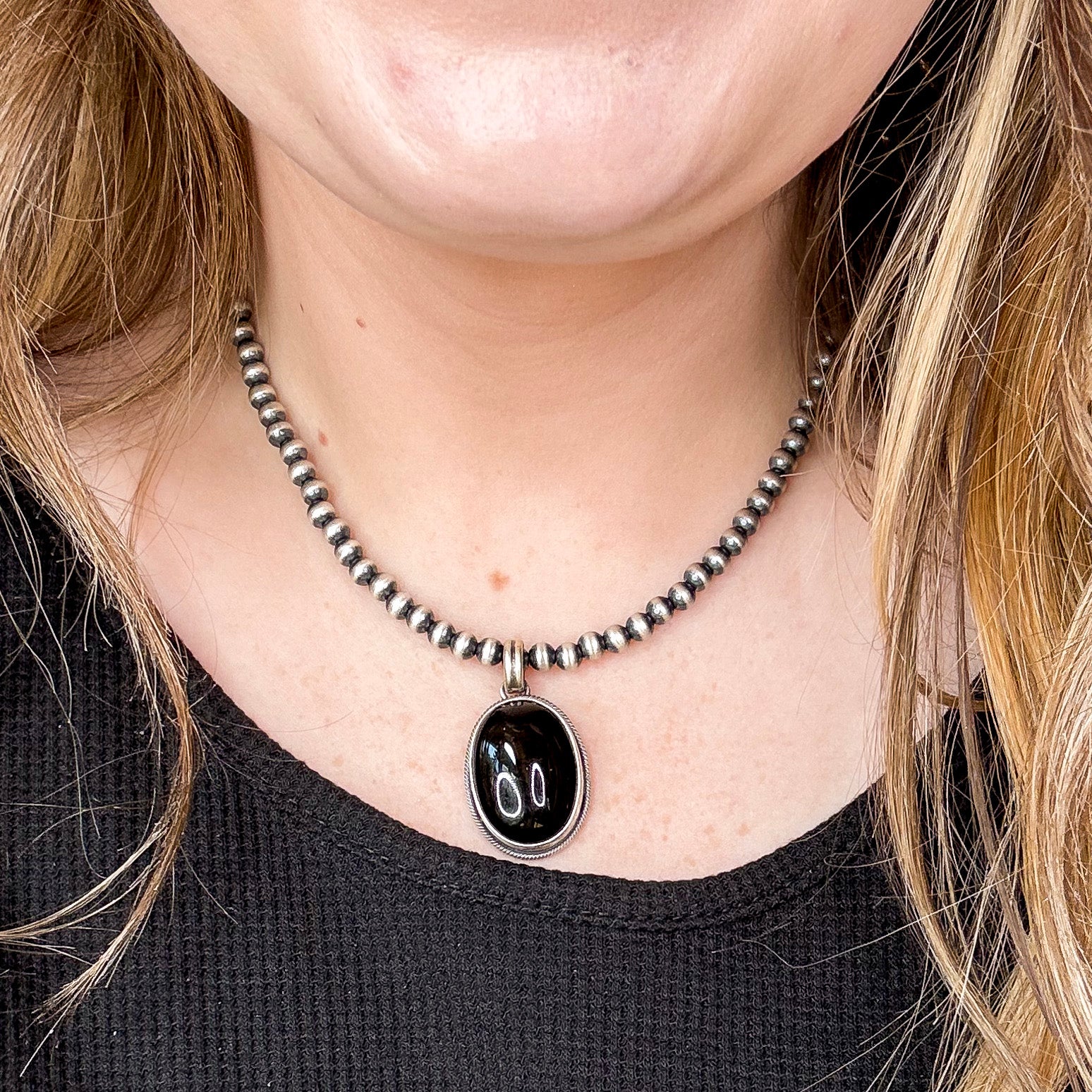 Scott Skeets | Navajo Handmade Sterling Silver Oval Black Onyx Pendant