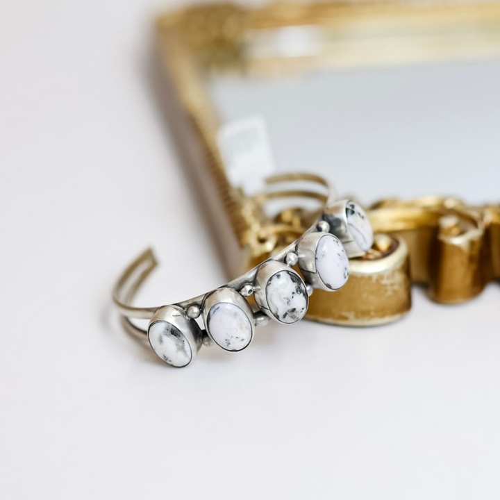 Scott Skeets  Navajo Handmade Sterling Silver Cuff with Five White Buffalo Stones