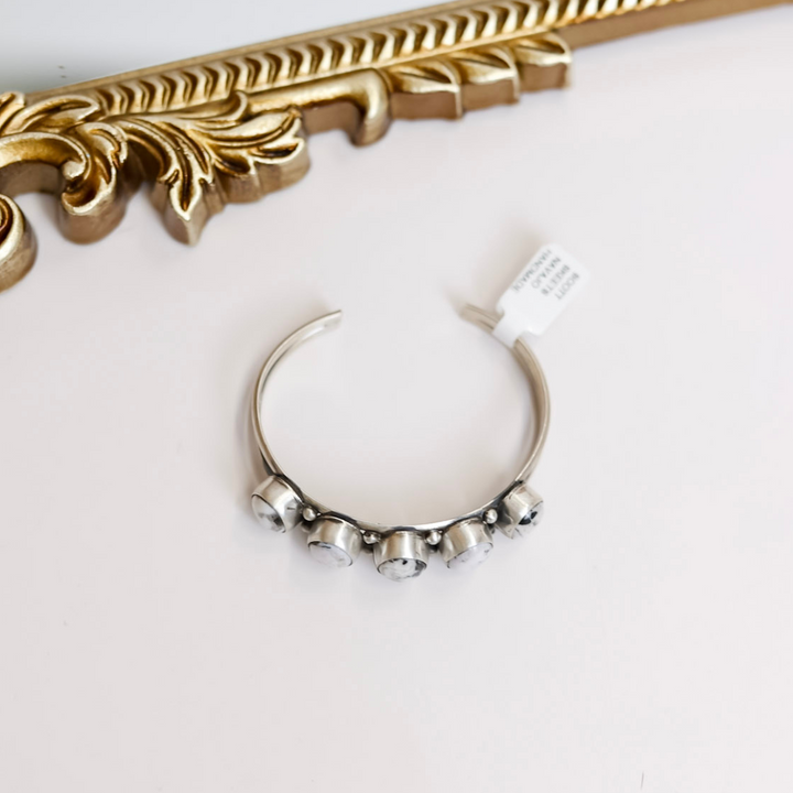 Scott Skeets  Navajo Handmade Sterling Silver Cuff with Five White Buffalo Stones