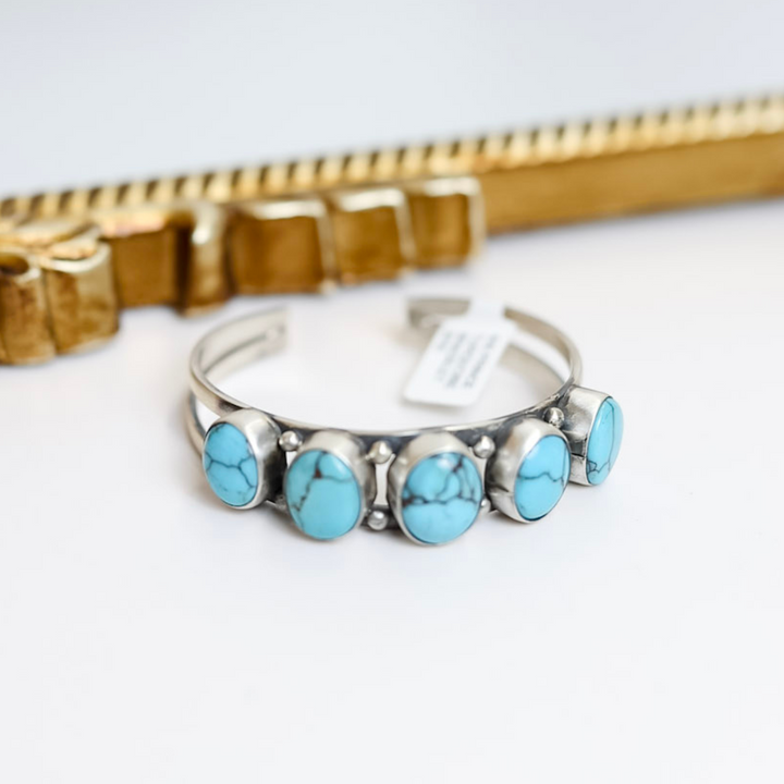 Scott Skeets  Navajo Handmade Sterling Silver Cuff with Five White Buffalo Stones