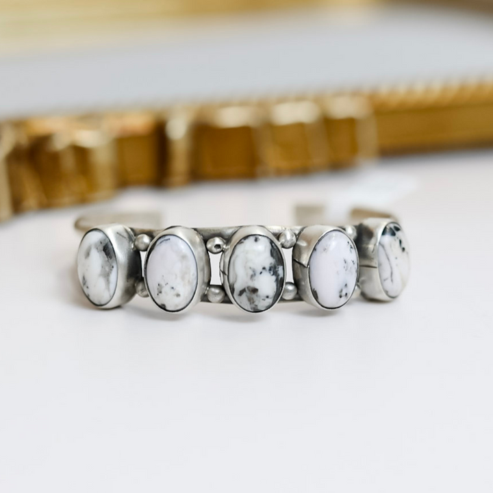 Scott Skeets  Navajo Handmade Sterling Silver Cuff with Five White Buffalo Stones