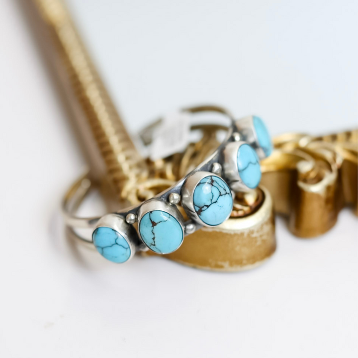 Scott Skeets  Navajo Handmade Sterling Silver Cuff with Five White Buffalo Stones