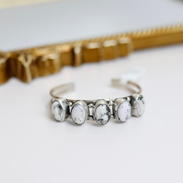 Scott Skeets  Navajo Handmade Sterling Silver Cuff with Five White Buffalo Stones