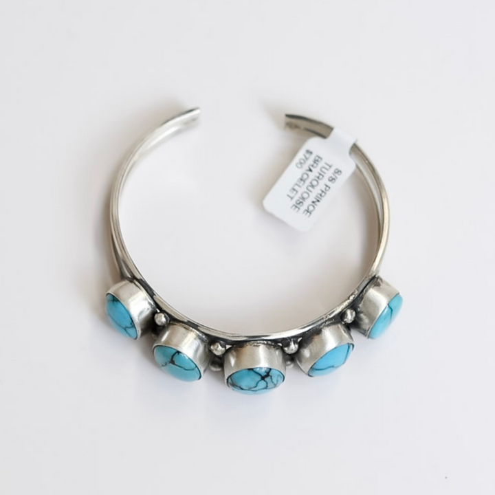 Scott Skeets  Navajo Handmade Sterling Silver Cuff with Five White Buffalo Stones