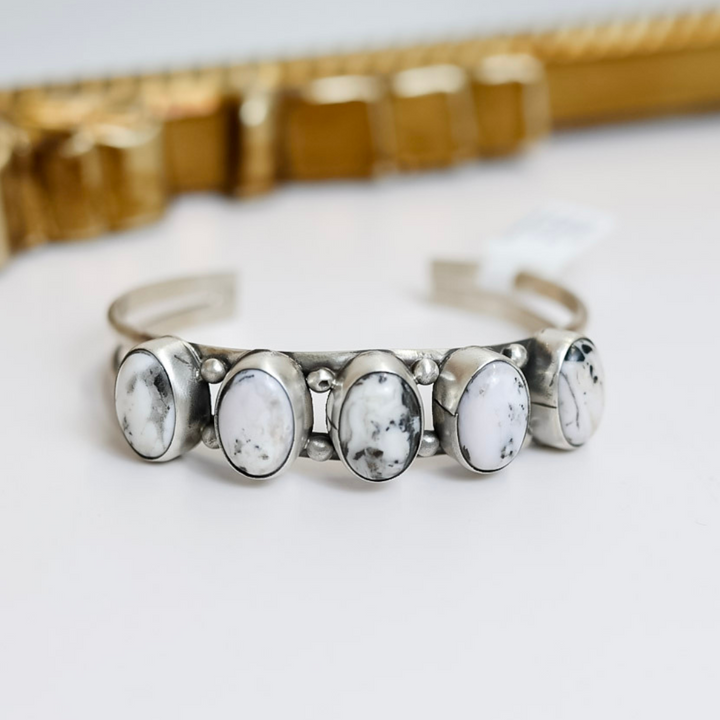 Scott Skeets  Navajo Handmade Sterling Silver Cuff with Five White Buffalo Stones