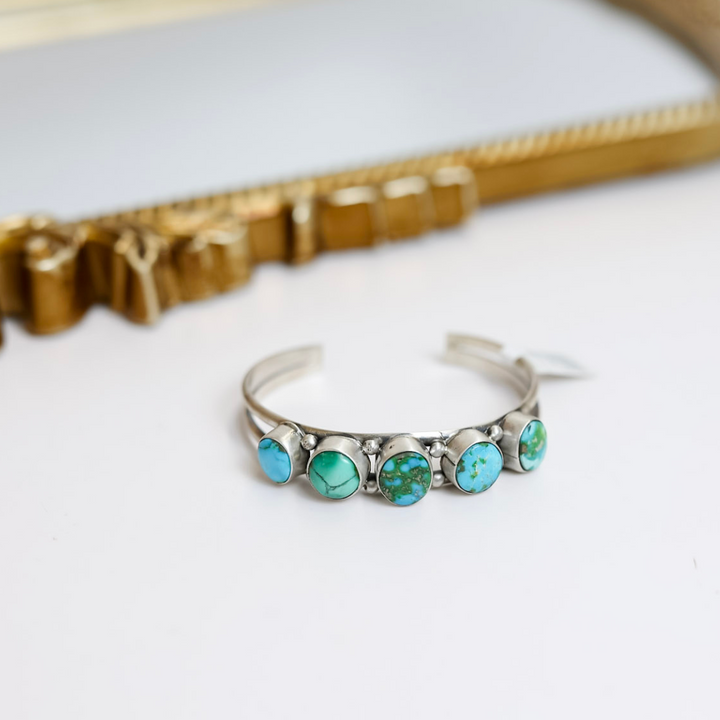 Scott Skeets | Navajo Handmade Sterling Silver Cuff with Five Green Turquoise Variated Stones