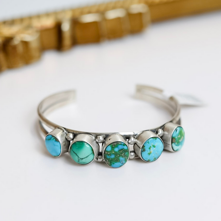 Scott Skeets | Navajo Handmade Sterling Silver Cuff with Five Green Turquoise Variated Stones