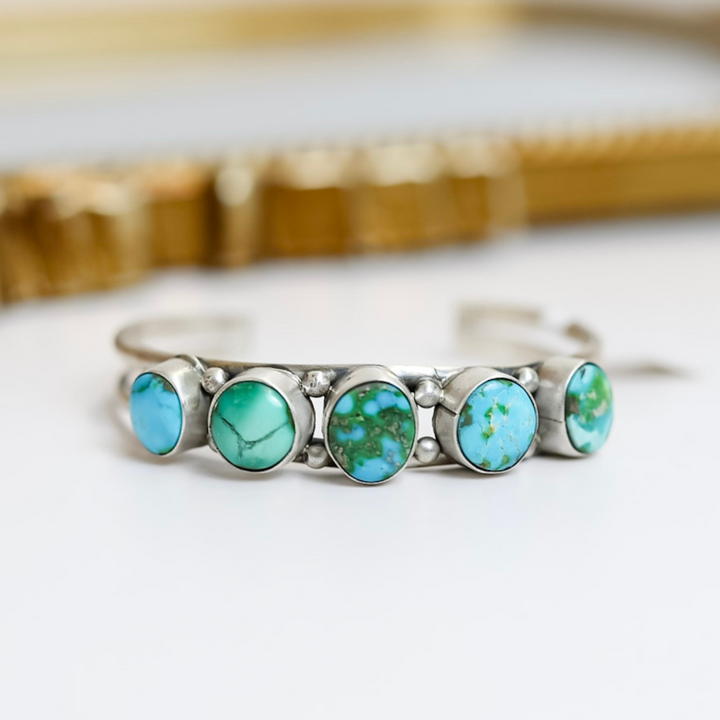 Scott Skeets | Navajo Handmade Sterling Silver Cuff with Five Green Turquoise Variated Stones