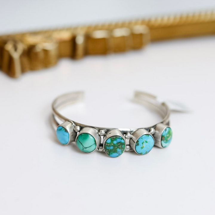 Scott Skeets | Navajo Handmade Sterling Silver Cuff with Five Green Turquoise Variated Stones