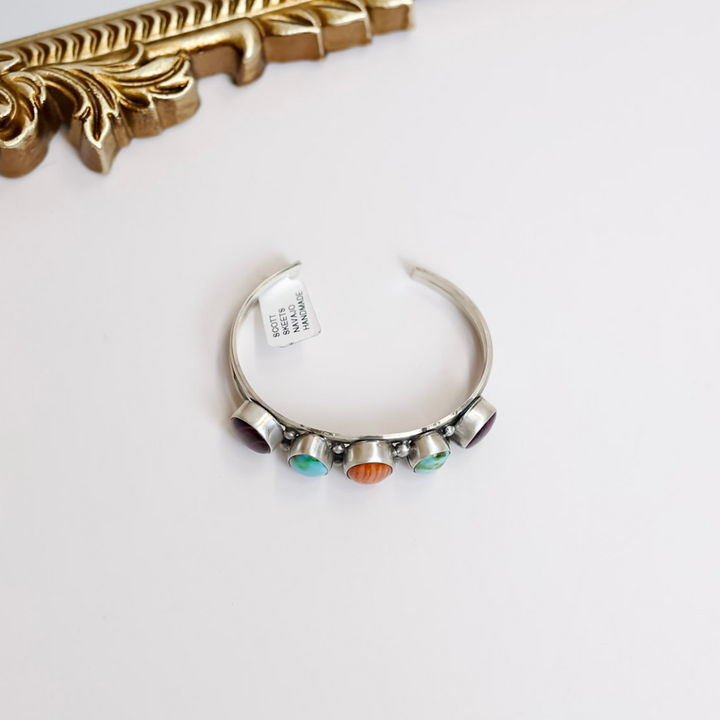 Scott Skeets  Navajo Handmade Sterling Silver Cuff with Multi Colored Stones in Turquoise & Spiny