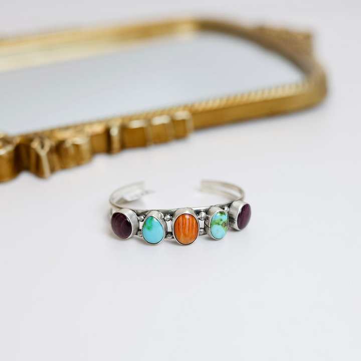 Scott Skeets  Navajo Handmade Sterling Silver Cuff with Multi Colored Stones in Turquoise & Spiny
