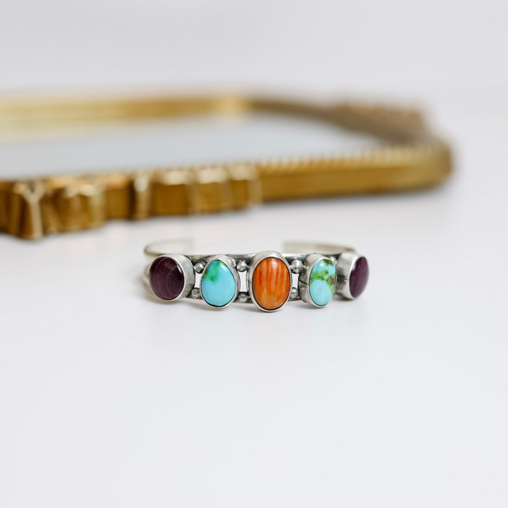 Scott Skeets  Navajo Handmade Sterling Silver Cuff with Multi Colored Stones in Turquoise & Spiny