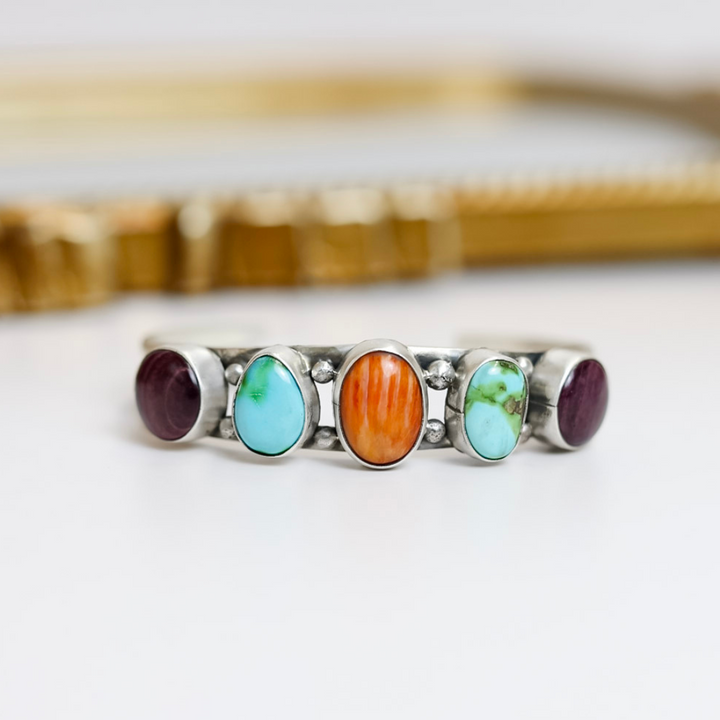 Scott Skeets  Navajo Handmade Sterling Silver Cuff with Multi Colored Stones in Turquoise & Spiny