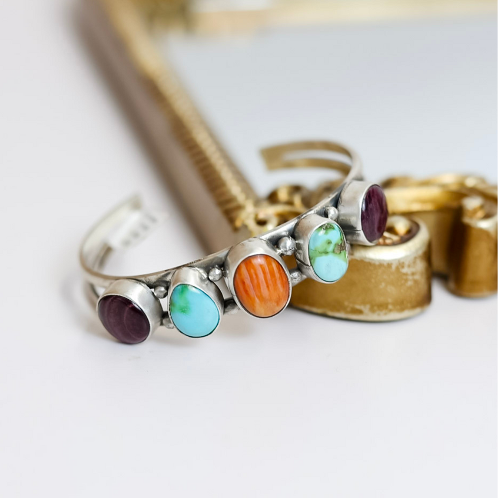 Scott Skeets  Navajo Handmade Sterling Silver Cuff with Multi Colored Stones in Turquoise & Spiny