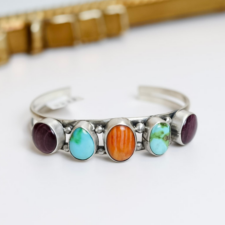 Scott Skeets  Navajo Handmade Sterling Silver Cuff with Multi Colored Stones in Turquoise & Spiny