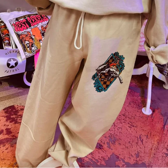 Online Exclusive | Cowboy Diamond Bucking Horse Sweatpants in Beige Sand