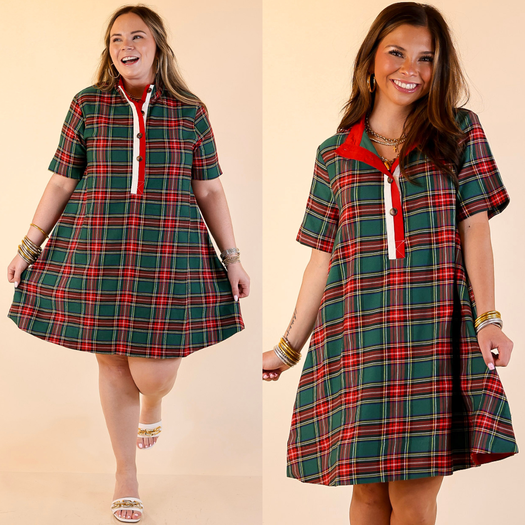 Women wearing a green plaid dress on a beige background