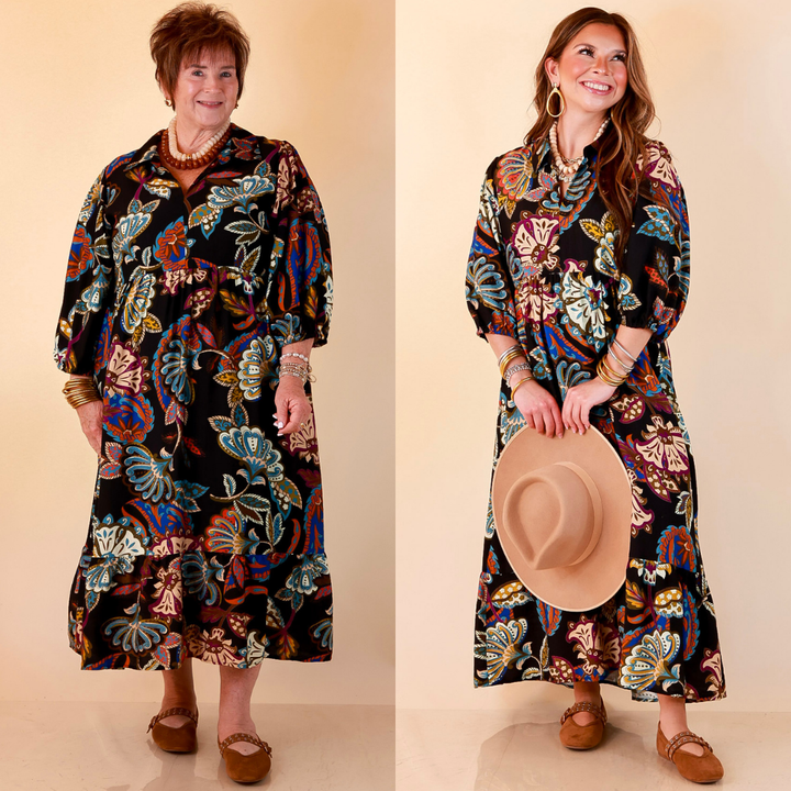 Season of Style Floral Print V Neck 3/4 Sleeve Collared Tiered Midi Dress in Black Multi