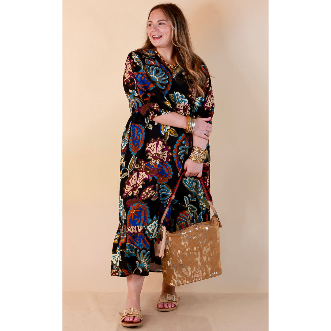 Season of Style Floral Print V Neck 3/4 Sleeve Collared Tiered Midi Dress in Black Multi