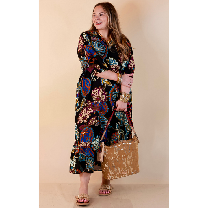Season of Style Floral Print V Neck 3/4 Sleeve Collared Tiered Midi Dress in Black Multi