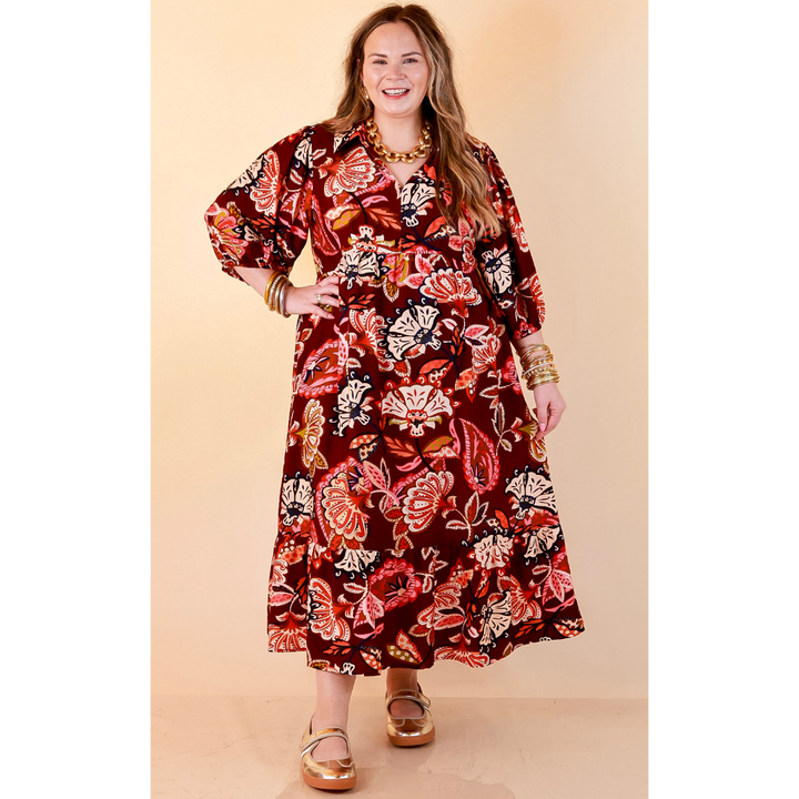 Season of Style Floral Print V Neck 3/4 Sleeve Collared Tiered Midi Dress in Maroon Multi