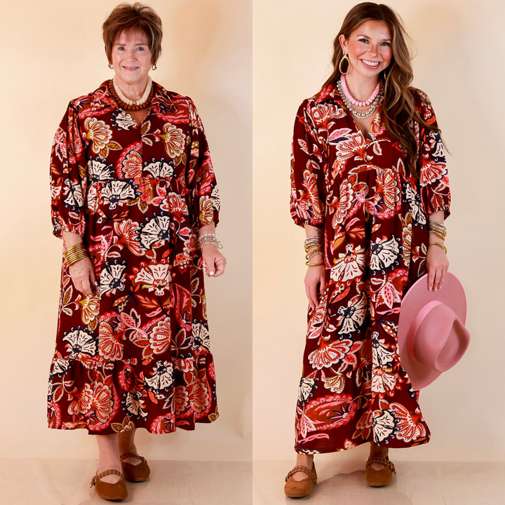 Season of Style Floral Print V Neck 3/4 Sleeve Collared Tiered Midi Dress in Maroon Multi