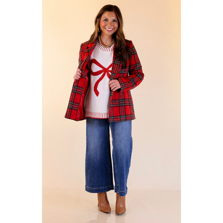 Season to Shine Long Sleeve Tartan Plaid Blazer in Red