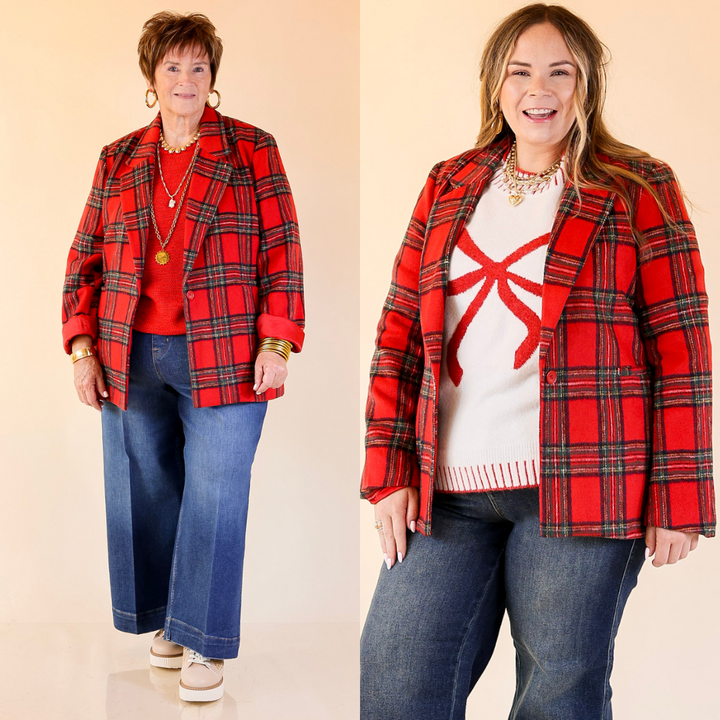 Two women wearing red plaid blazers over casual outfits on a beige background