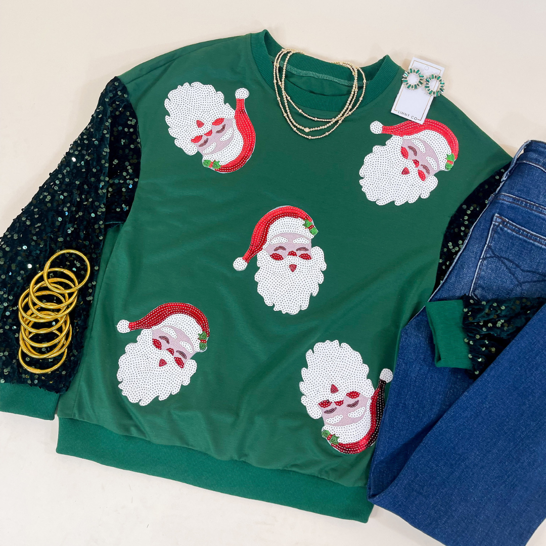 Sequin Santa Crewneck Sweatshirt with Velvet Sleeves in Dark Green