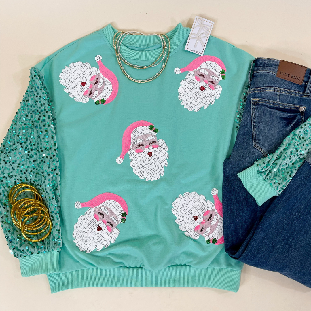 Sequin Santa Crewneck Sweatshirt with Velvet Sleeves in Mint Green