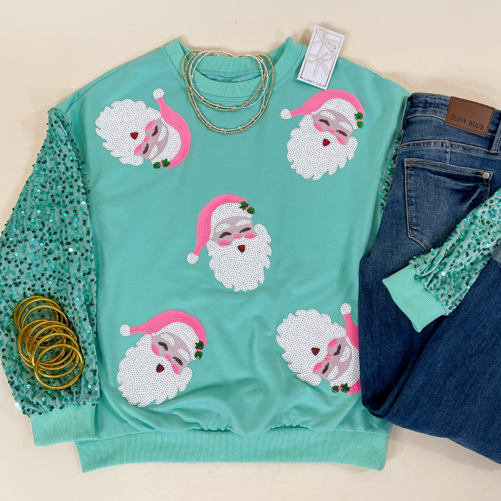 Last Chance Size 2XL | Sequin Santa Crewneck Sweatshirt with Velvet Sleeves in Mint Green