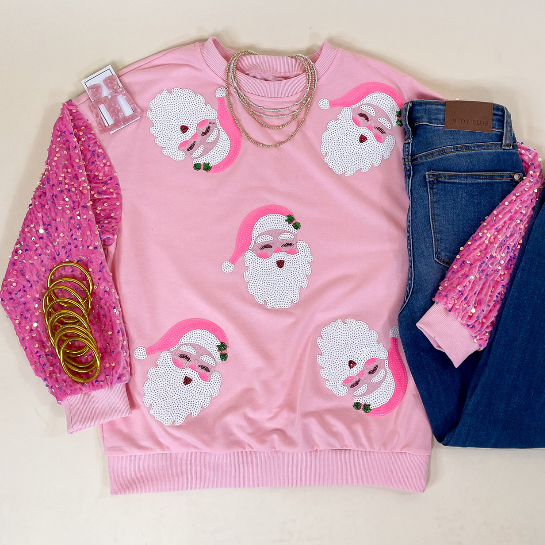 Sequin Santa Crewneck Sweatshirt with Velvet Sleeves in Light Pink