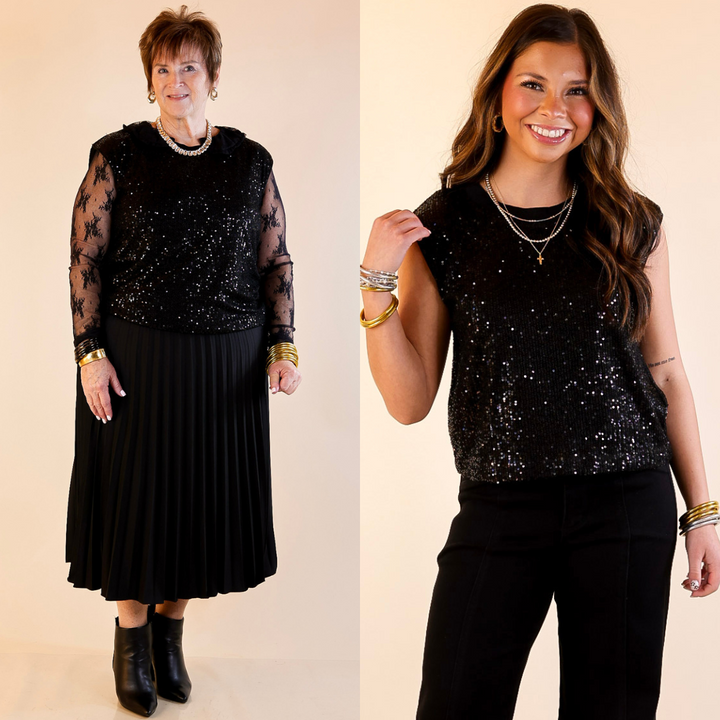 Two women wearing black sequin tops against a beige background