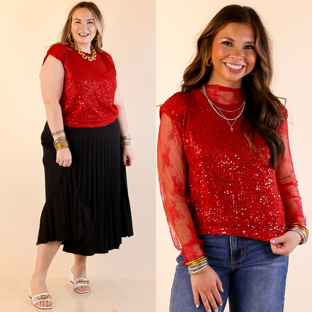 Two women wearing red sequin tops with different outfits on a beige background.