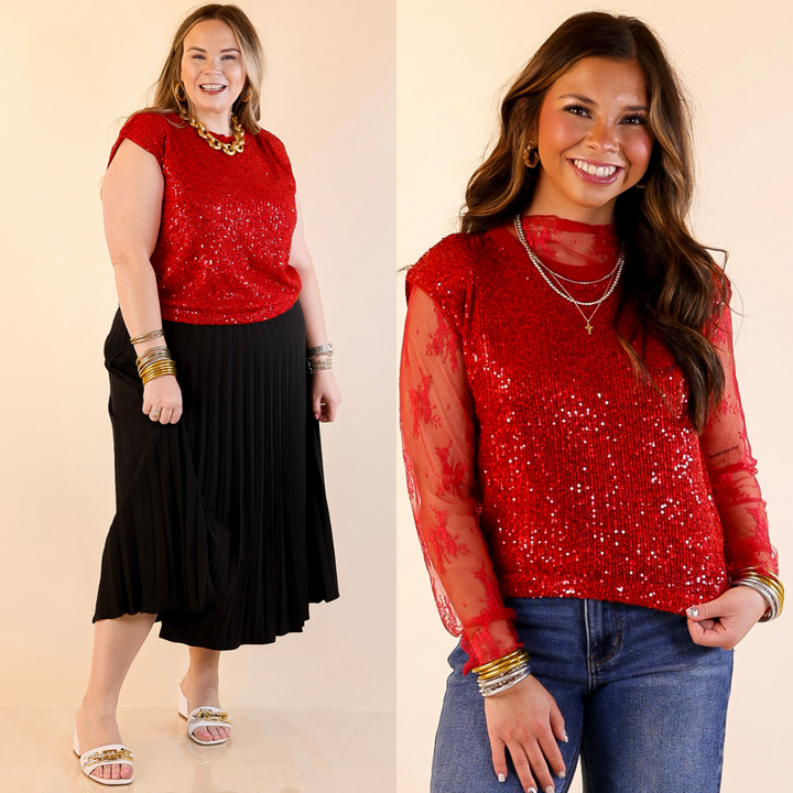 Two women wearing red sequin tops with different outfits on a beige background.