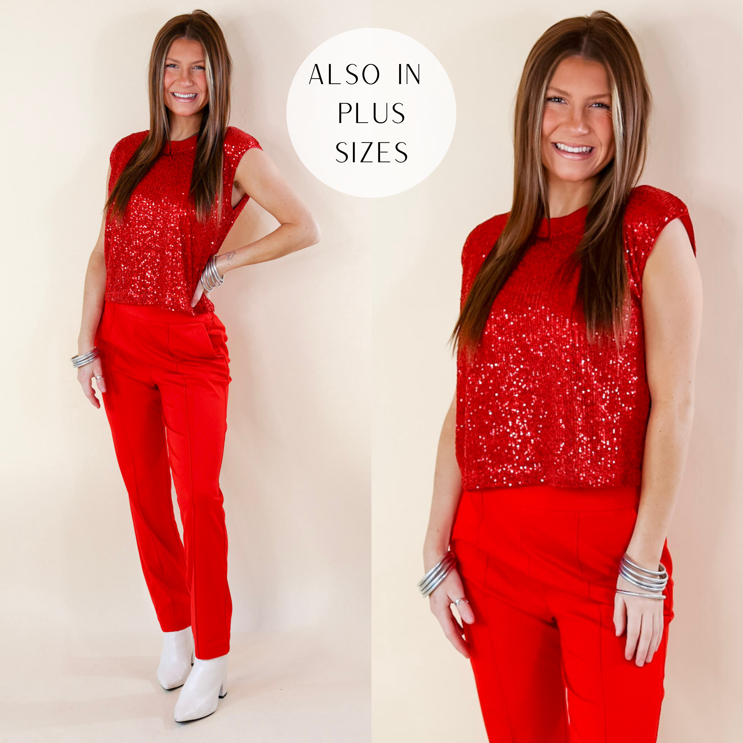 Model is wearing a red sequin sleeveless top paired with BuDhaGirl bracelets, red pants, and white booties. 