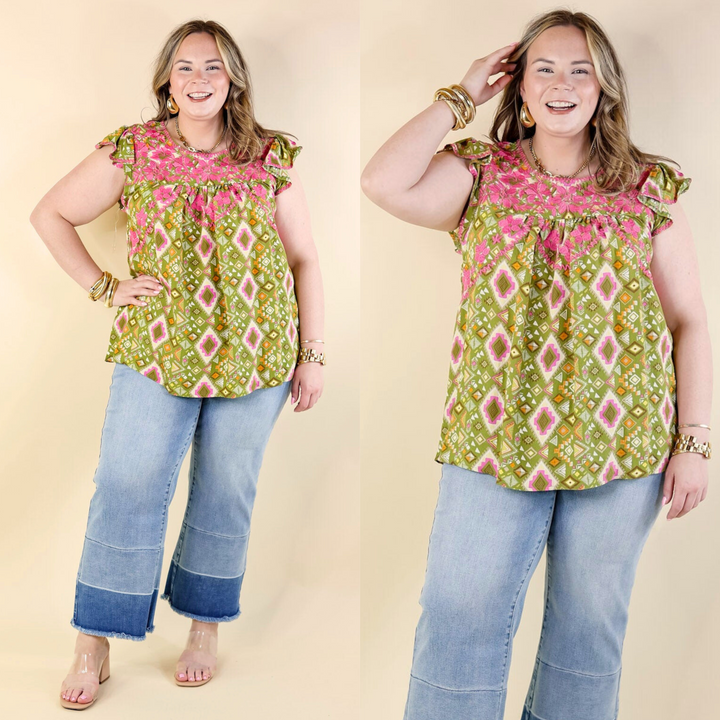 Serene Splendor Aztec Print Top with Pink Floral Embroidery in Green