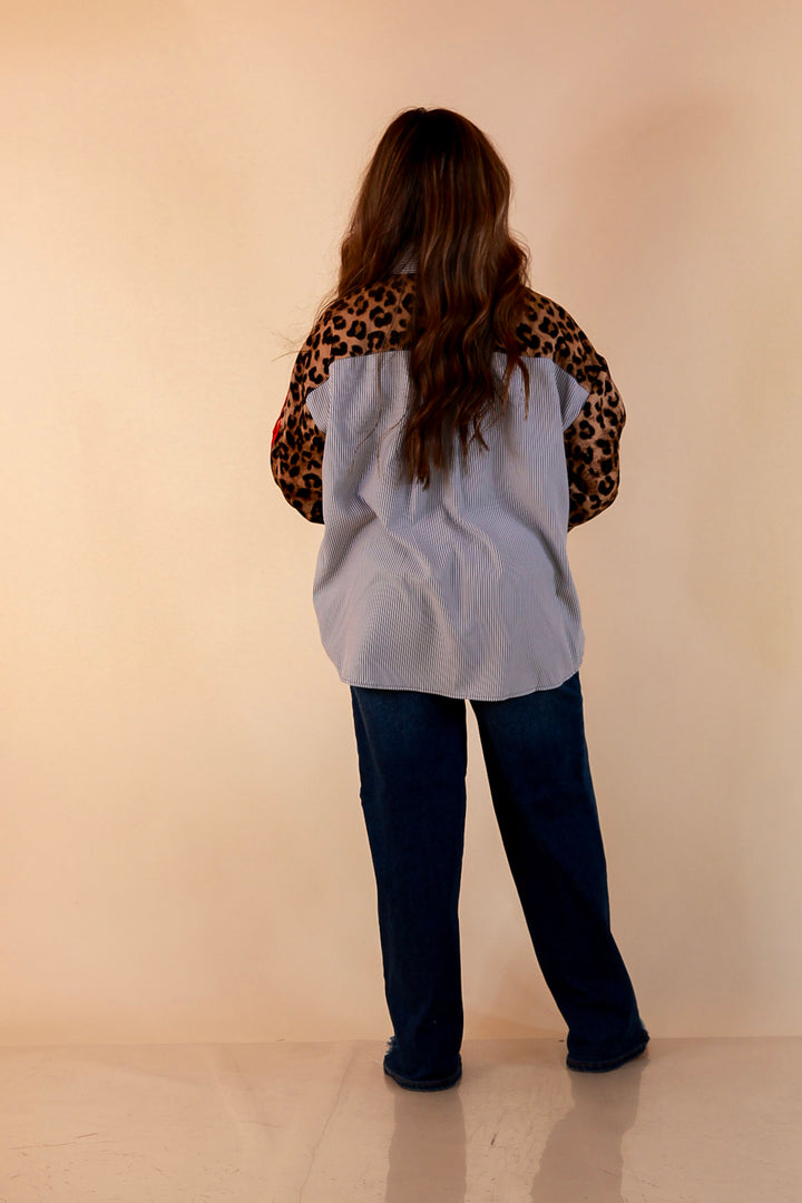 Shake It Up gray pinstripe button up top with leopard and red print sleeves