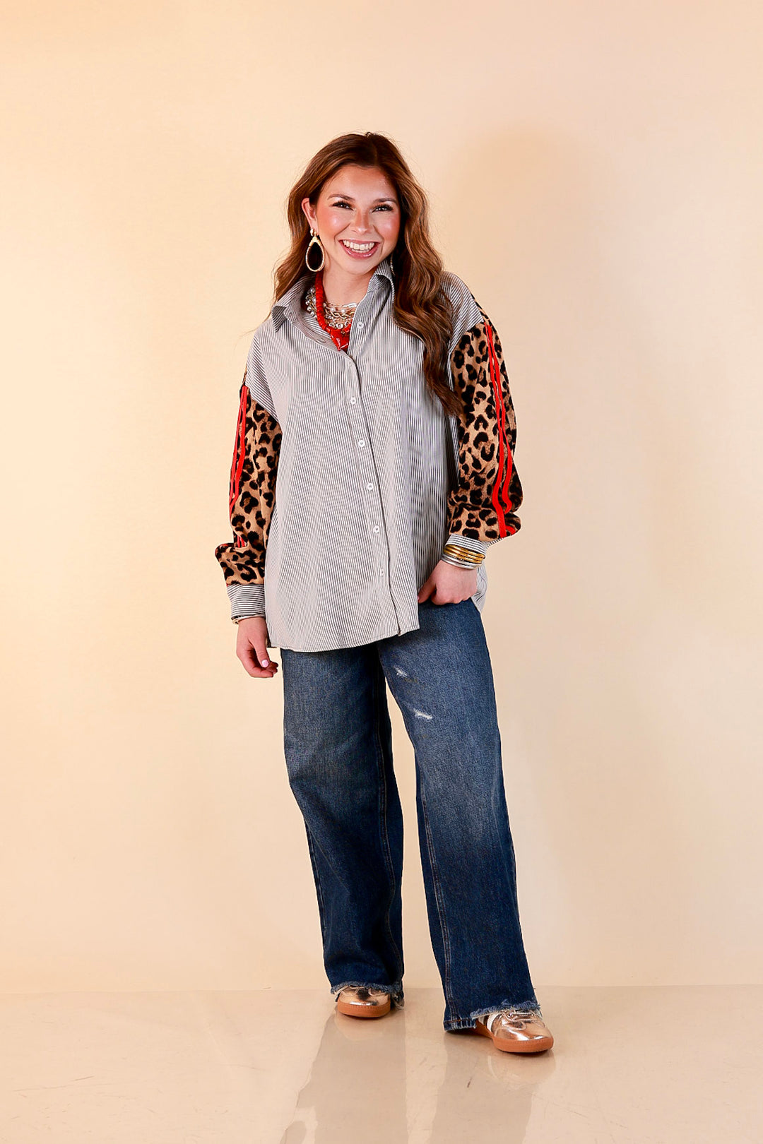 Shake It Up gray pinstripe button up top with leopard and red print sleeves