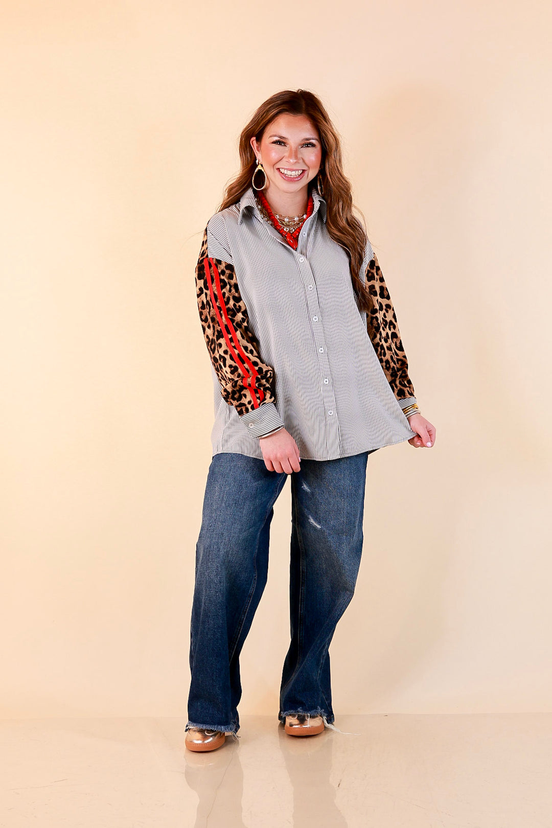 Shake It Up gray pinstripe button up top with leopard and red print sleeves