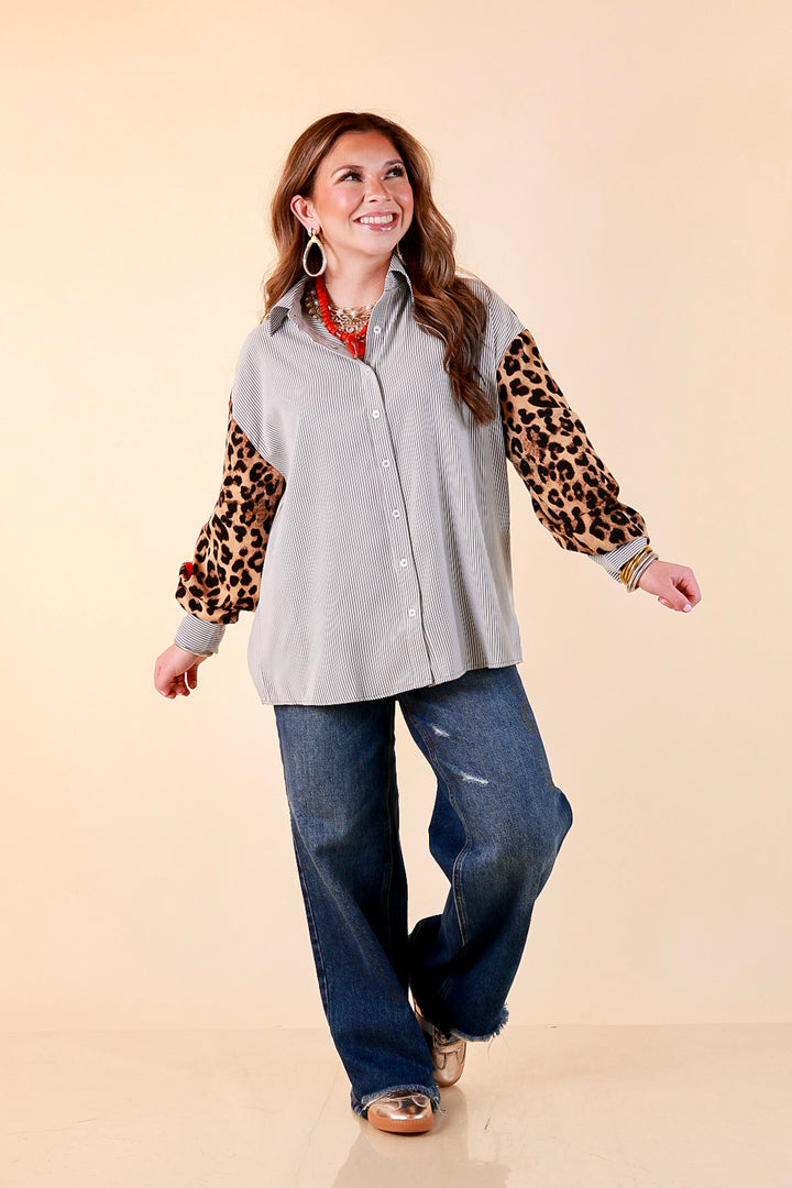 Shake It Up gray pinstripe button up top with leopard and red print sleeves