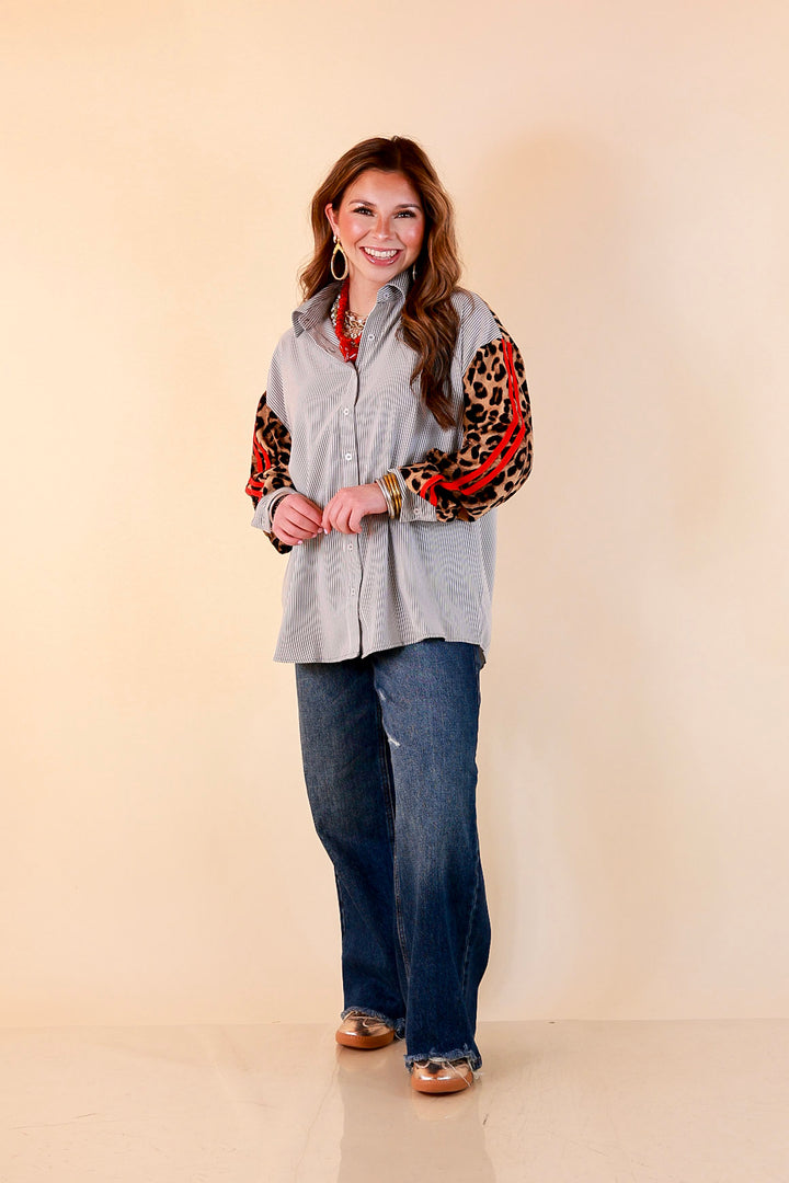 Shake It Up gray pinstripe button up top with leopard and red print sleeves