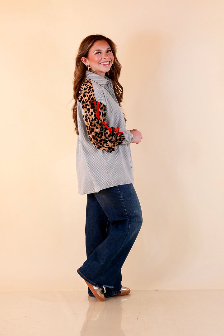 Shake It Up gray pinstripe button up top with leopard and red print sleeves