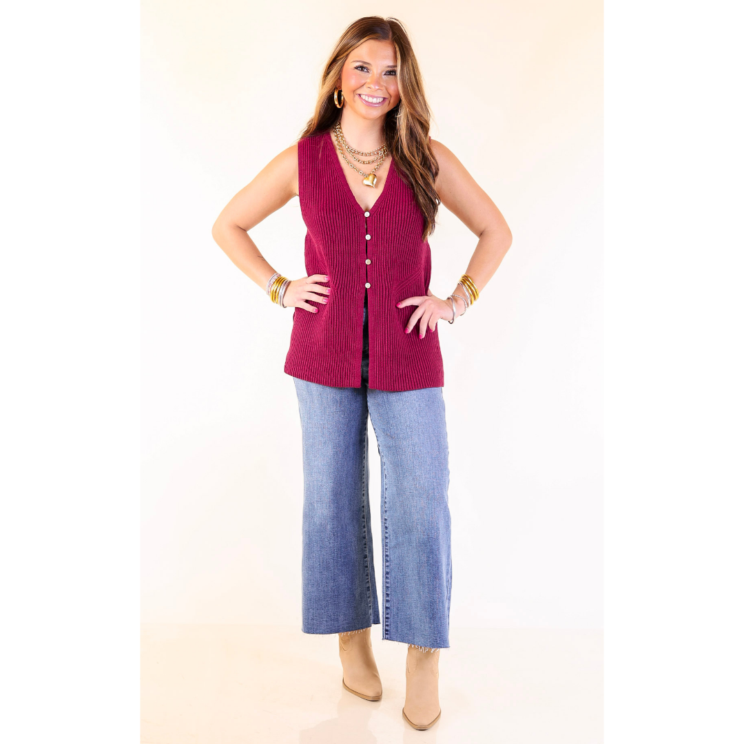 Sharp and Chic Button Front Ribbed Knit Sweater Vest in Maroon