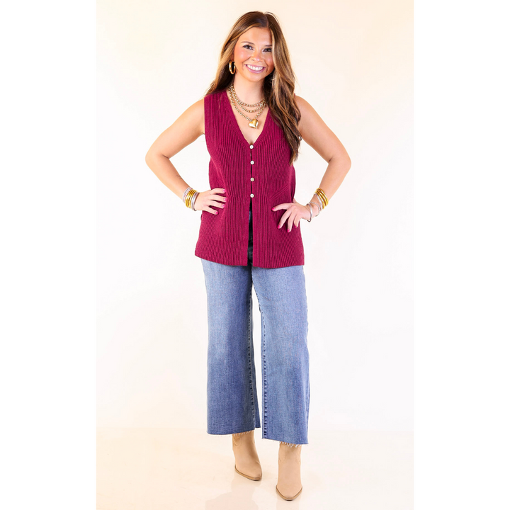 Sharp and Chic Button Front Ribbed Knit Sweater Vest in Maroon