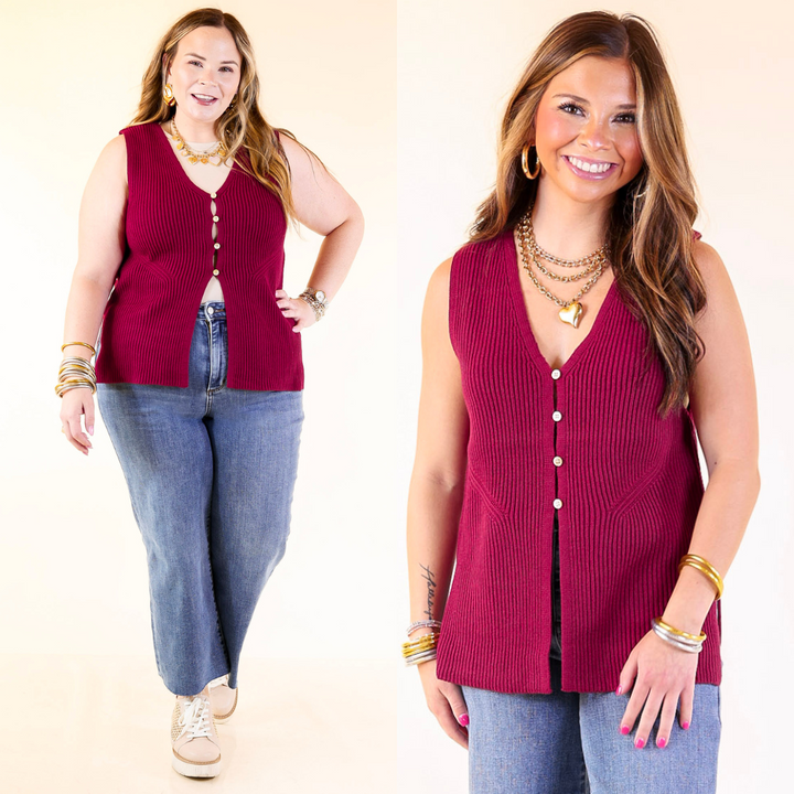 Two images of a woman wearing a maroon sweater vest with blue jeans.