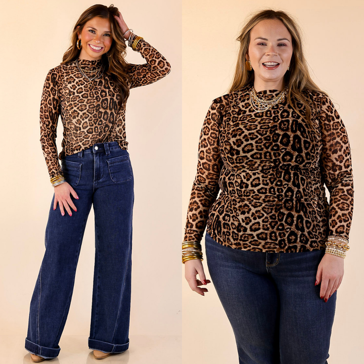 Sheer Confidence Print Mesh Long Sleeve Top in Leopard Print